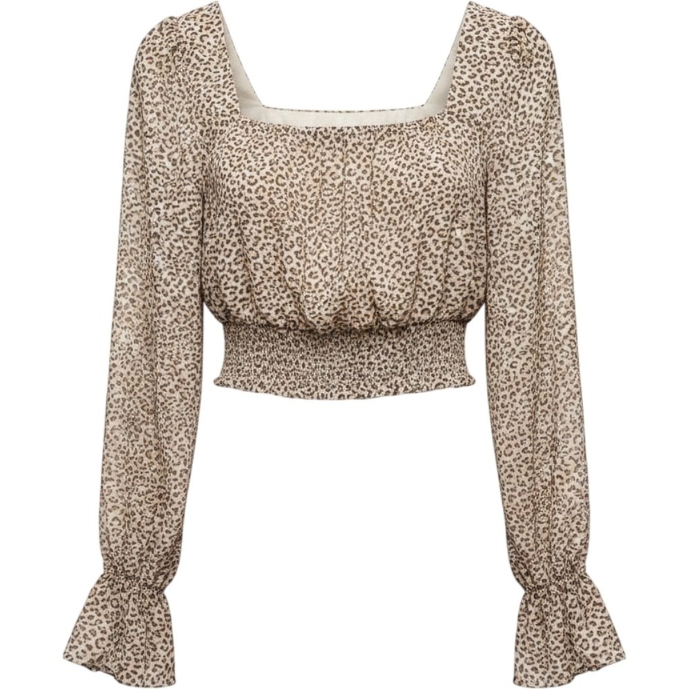 Altar'd State Leopard Print Smocked Crop Top Square Neck Ruffle Sleeve Brown L